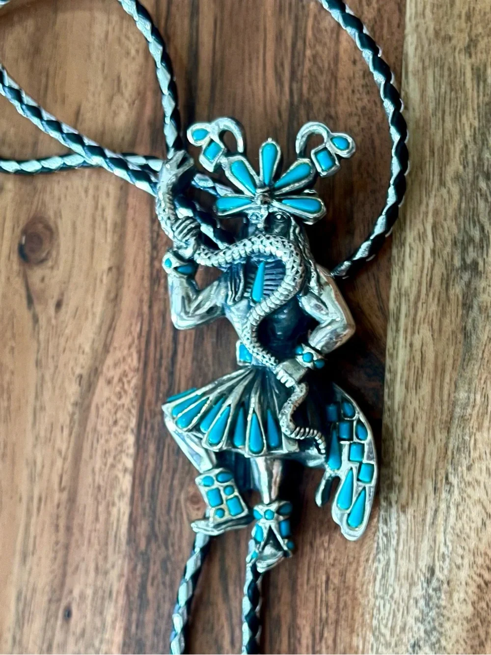 Vintage Southwestern bolo tie silver-toned Kachina dancer with snake